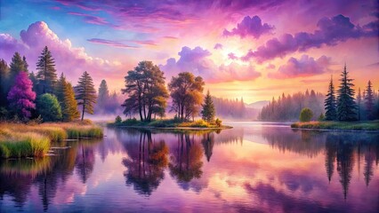 Fototapeta premium Vibrant purple and pink watercolor hues dance across a whimsical, dreamy landscape, transforming a serene lake scene into a soft, ethereal work of art.