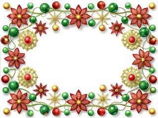 Fototapeta premium Vibrant red and green garlands, snowflakes, and ornate golden frames intertwine, creating a festive holiday border perfect for seasonal designs, cards, and gift wraps.