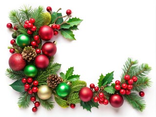 Vibrant red and green holiday ornaments, garlands, and holly leaves decorate a festive corner frame, perfect for seasonal designs and winter celebrations.
