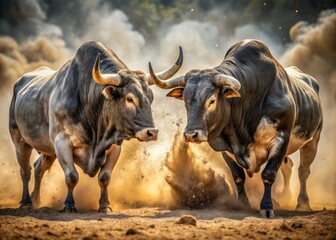 In a whirlwind of dust and dirt, two massive bulls clashed, their sharp horns locked in a fierce struggle, their snorts echoing through the air.