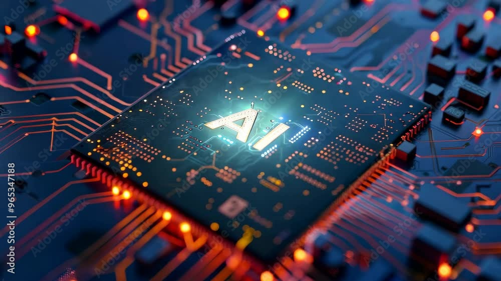 Aufkleber Digital Data moving on Circuit Board and CPU loop backgrounds. Computer Processing and organizing data. Abstract high tech Artificial intelligence, data mining, modern computer technology surface