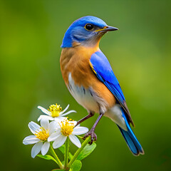 Fototapeta premium A blue bird sits on a flower with a green background