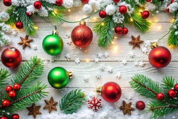 Vibrant red and green ornaments, garlands, and sparkling snowflakes adorn a snowy white background, evoking a magical and festive holiday atmosphere.