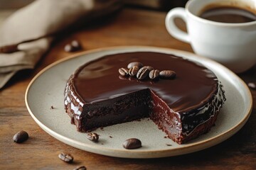 A rich dark chocolate espresso torte with a glossy ganache topping, served with a cup of coffee