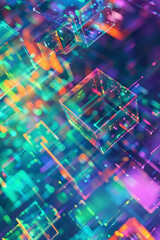 A digital backdrop features glowing geometric shapes, symbolizing data technology in a virtual space.