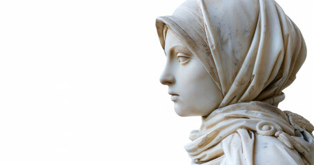 Obraz premium A marble statue of a young woman wearing a headscarf against a plain backdrop.