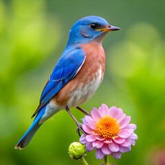 Obraz premium A blue bird sits on a flower with a green background