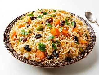 Colorful Vegetable Biryanis Plate with Raisins, Fragrant Rice and Mixed Vegetables, Perfect for Food Blog or Restaurant Menu Generative AI