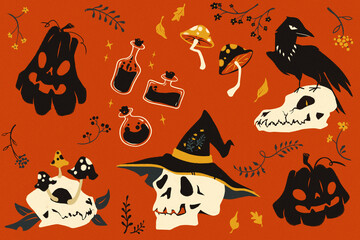 Drawn style. Halloween-inspired set with skeletons, ravens, and witch's brew, great for creating eerie sticker collections. Concept of autumn events, festive mood, spooky and festive mood.