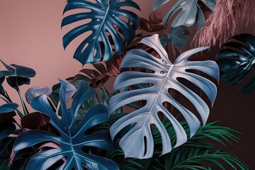 Dreamlike Twilight Blue and Dusty Rose Leaves, Ethereal Monstera Visuals, Whimsical Tropical Nature Exploration, Enchanting Exotic Floral Scenery