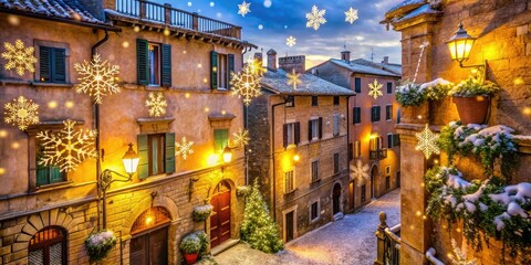 Vibrant snowflakes fall gently on ancient Roman rooftops, illuminated by twinkling festive lights, as festive garlands adorn ornate doorways in a magical Italian Christmas scene.