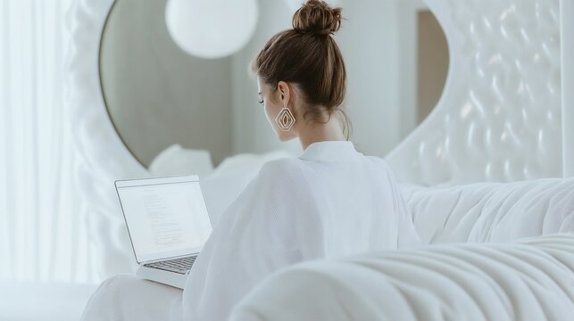 A woman works on her laptop in a minimalist white workspace that fosters calmness and creativity