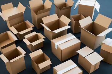 Diverse Collection of Cardboard Boxes and Packages in Various Open and Closed Styles for Packing and Logistics