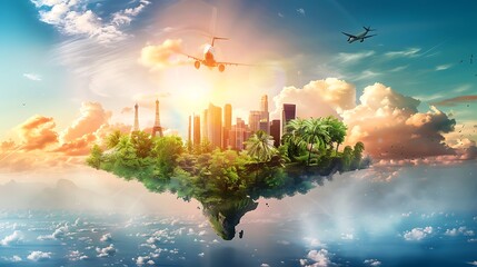 Digital art depicting a floating island in the sky with a cityscape, palm trees, and an airplane passing by, creating a sense of wonder and adventure.
