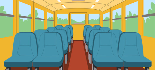 Empty bus salon with soft seats flat illustration. Public vehicle 2D interior cartoon background. Passengers transportation scene vector image © ApoevArt
