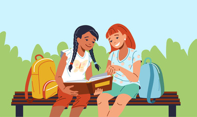 Cute girls students reading book in park flat illustration. Friends doing homework 2D characters cartoon background. Learning scene vector image