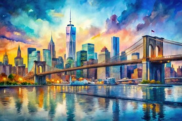 Fototapeta premium Vibrant watercolor depiction of iconic Manhattan skyline featuring towering skyscrapers, bustling streets, and majestic bridges set against a dreamy, soft-focus blue-gray background.