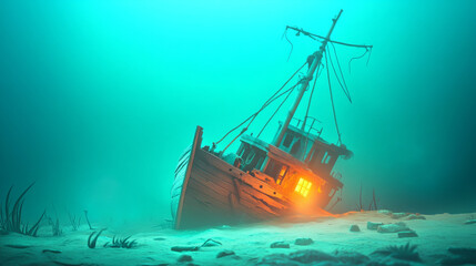 Fototapeta premium A sunken shipwreck sits on the ocean floor, glowing with eerie light, creating a mysterious and haunting underwater scene.