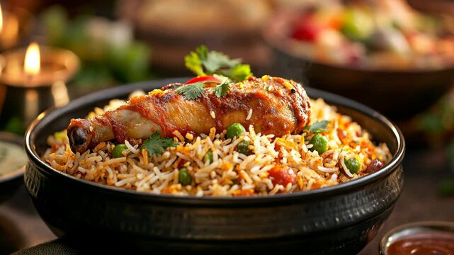 Delicious chicken biryani served with fragrant rice and spices in a cozy dining setting at home