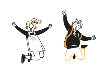 Joyful little kids jump going back to school doodle line and color illustration. Happy junior schoolchildren having fun linear sketch vector person