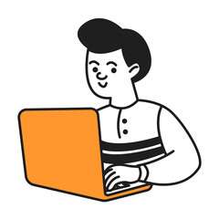 Student boy working on laptop doodle line and color illustration. Schoolboy doing homework online linear sketch vector person