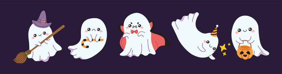 Amusing apparitions Halloween party level color vector characters set. Spooky charming apparitions at occasion party outline pack on purple foundation