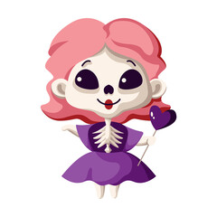 Girl skeleton with lollipop flat color vector illustration. Friendly little monster in purple dress Halloween character icon on white background
