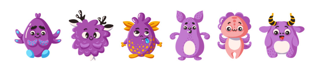 Surreal purple monsters characters flat color vector icon set. Childish aliens with funny bodies. Sci-fi creatures illustration pack on white