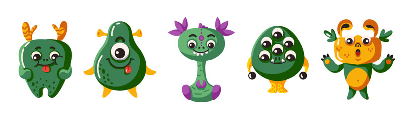 Pretty monsters with green skin characters flat color vector icon set. Alien creatures from far planet group illustration pack on white