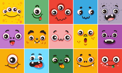 Childish creatures faces in multicolor squares level color vector symbols set. Phenomenal mammoths looks outline pack. Amusing avatars collection
