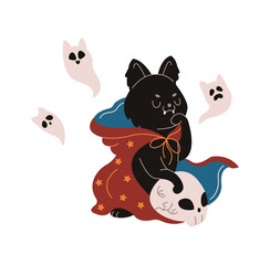Scary cat necromancer with skull and spirits flat color vector illustration. Animal casting spells Halloween character icon on white background