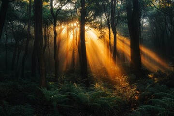 Obraz premium Early Morning Light in a Dense Forest, Perfect for Nature and Environment Concepts Generative AI