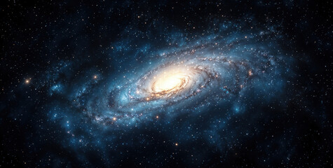 Spiral galaxy is sparkling with bright blue stars and glowing with a warm light center. High quality photo