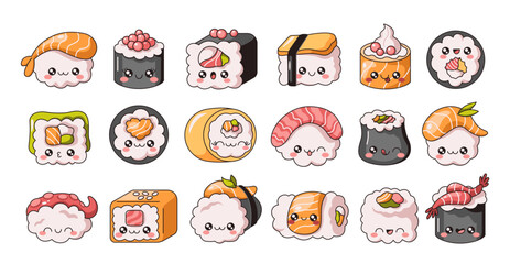 Kawaii sushi rolls with faces flat color vector illustration set. Japanese traditional cuisine. Delicious Asian food characters on white collection