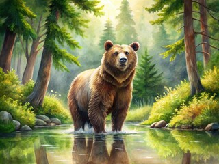 Fototapeta premium Vibrant watercolor illustration of a majestic brown bear standing alone in a serene forest, surrounded by lush greenery and subtle water ripples.