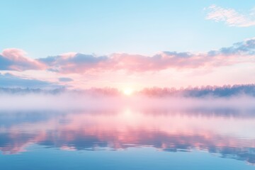 Serene Lake Landscape with Golden Sunrise Breaking Through Misty Clouds Generative AI