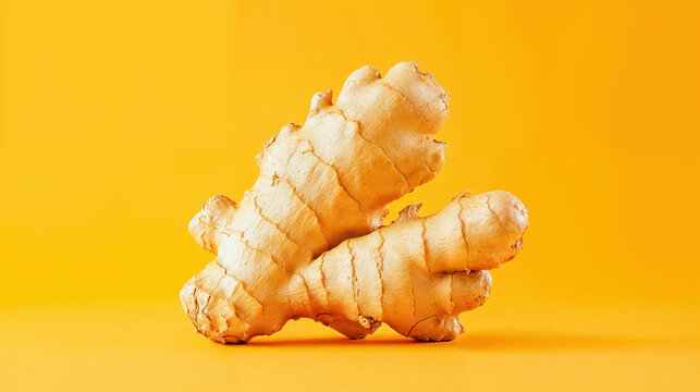 morceau de rhizome de gingembre isol&eacute; sur un fond jaune