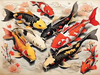 seamless pattern of koi fish scale, fish print texture, white with red and black spots background, wallpaper © Issara Jaikeng