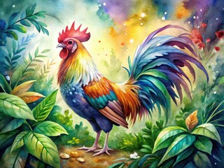 Fototapeta premium Vibrant watercolor illustration of a proud rooster with iridescent feathers, standing amidst lush foliage, with bold brushstrokes and soft, dreamy texture.
