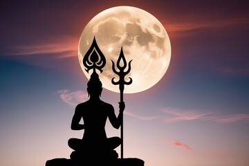 Radiant Hindu Silhouette Holding a Trident Against the Majestic Full Moon for Worship and Spirituality