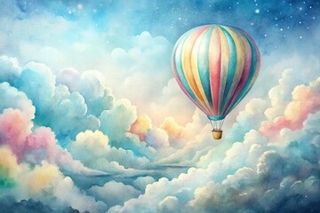 Fototapeta premium Vibrant watercolor illustration of a whimsical hot air balloon soaring above fluffy white clouds, surrounded by subtle texture and delicate, dreamy pastel hues.