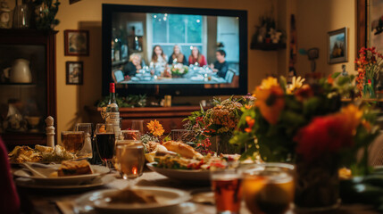 Virtual Thanksgiving celebration with family toasting wine glasses during video call, roasted turkey on table, remote holiday gathering, digital connection, festive atmosphere