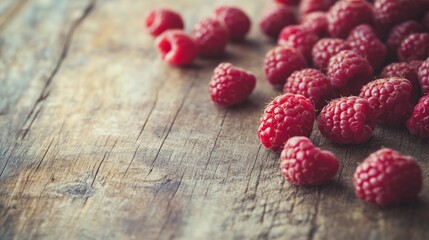 Fresh raspberries scattered on a rustic wooden surface,