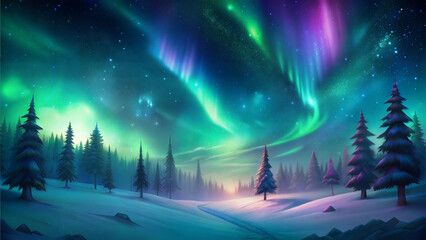 Stunning aurora borealis dancing over a tranquil snowy landscape with dark pine trees