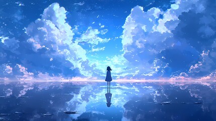 Obraz premium A girl stands peacefully in a blue-hued dreamscape of clouds and reflections.