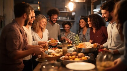 A joyful Thanksgiving gathering in an urban kitchen with friends sharing delicious food and laughter late into the evening
