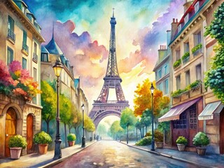 Fototapeta premium Vibrant watercolor painting captures the whimsical essence of Paris, featuring the Eiffel Tower, charming streets, and iconic landmarks in soft, dreamy hues and delicate brushstrokes.