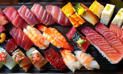 A sushi platter with colorful sashimi, nigiri, and maki rolls, arranged artfully on a black plate. Video - Powered by Adobe