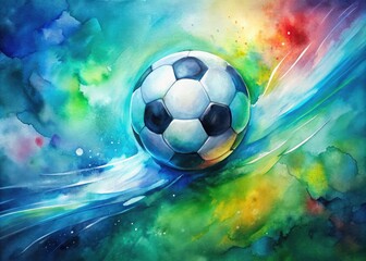 Fototapeta premium Vibrant watercolor painting of a soccer ball in motion, blurring into a colorful splash of blue and green hues, evoking dynamic energy and fluid movement.