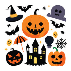 Set of Halloween vector elements like pumpkins, bats, and ghosts on white. Cute flat halloween elements illustration 